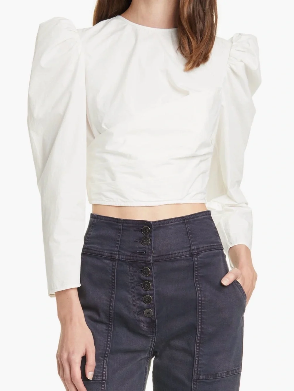 Ulla Johnson Eden Wrap Back Cutout Cream Puff Sleeve Ruched Cropped Top Size 0